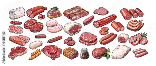 Red and white meat products cartoon vector set. Salami sausages hot dog bacon chicken pork bbq beef steak poultry fillet cow lamb ribs, fresh culinary food isolated illustrations