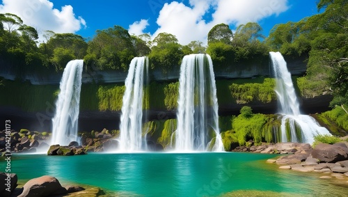 Stunning Tropical Waterfall Landscape - Vibrant Nature Art with Crystal Clear Water and Lush Greenery.