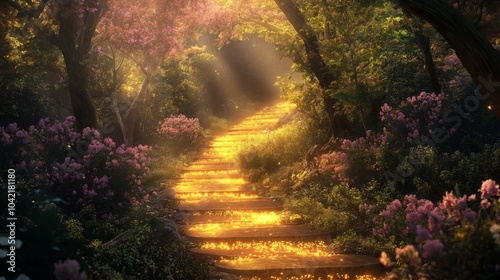 Magical Forest Pathway Bathed in Golden Sunlight with Blooming Flowers and Enchanting Atmosphere