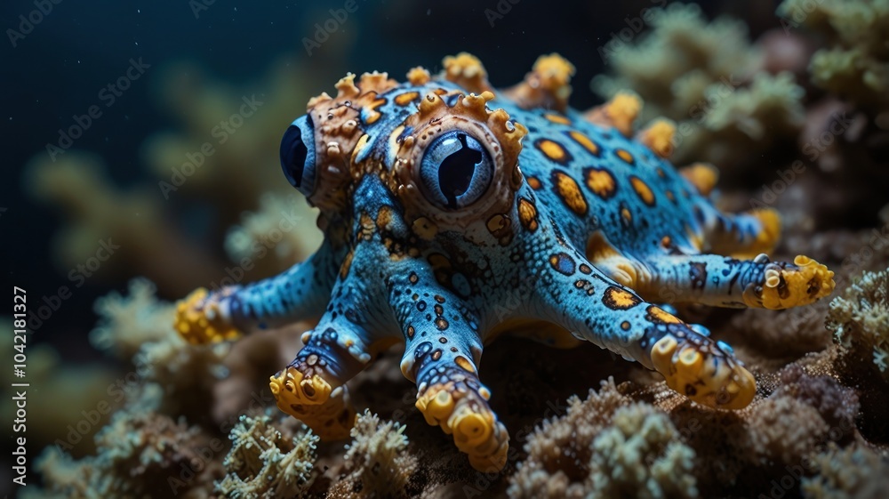 A vibrant blue and orange octopus with large eyes sits on coral reef in the ocean. A vibrant blue and orange octopus with large eyes sits on coral reef in the ocean.