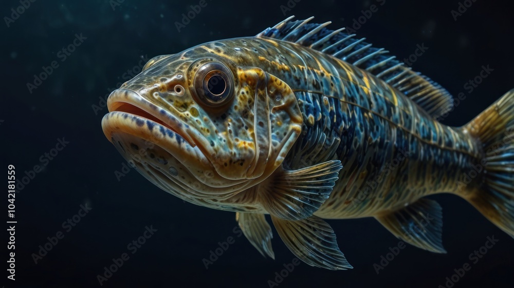 A close-up of a vibrant, speckled fish with a large eye, swimming against a dark background.
