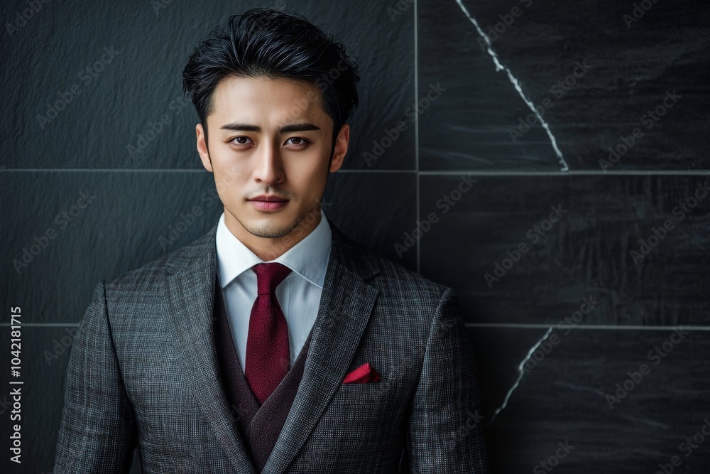 洗練されたスーツを着た男性が壁の前で真剣な表情を見せる都市の背景