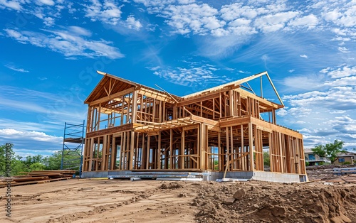 New residential construction home framing against a blue