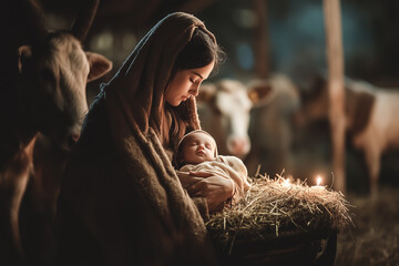 The Virgin Mary holds the newborn baby Jesus in her arms, with a humble stable and animals in the background. A biblical nativity scene with copy space.