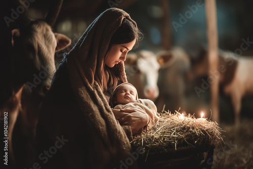 The Virgin Mary holds the newborn baby Jesus in her arms, with a humble stable and animals in the background. A biblical nativity scene with copy space.