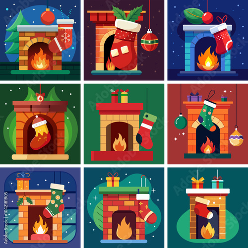 stocking by the fireplace, cartoon, christmas, vector, illustration, children, house, child, home, tree, art, holiday, car, pattern, design, toy, train, building, school, icon, set, card, gift, kids, 