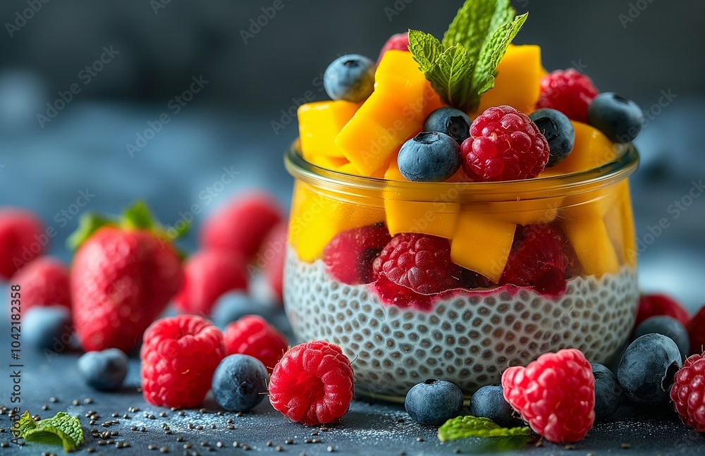 Healthy vegan chia pudding in a glass with fresh berries and mango. Healthy vegan chia pudding in a glass with fresh berries and mango.