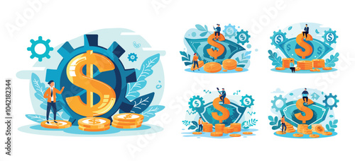 Refinance credit concepts cartoon vector set. Golden coins stacks dollar sign big banknote, charts gears tiny people characters around, budget debt money cash planning funds savings, isolated art