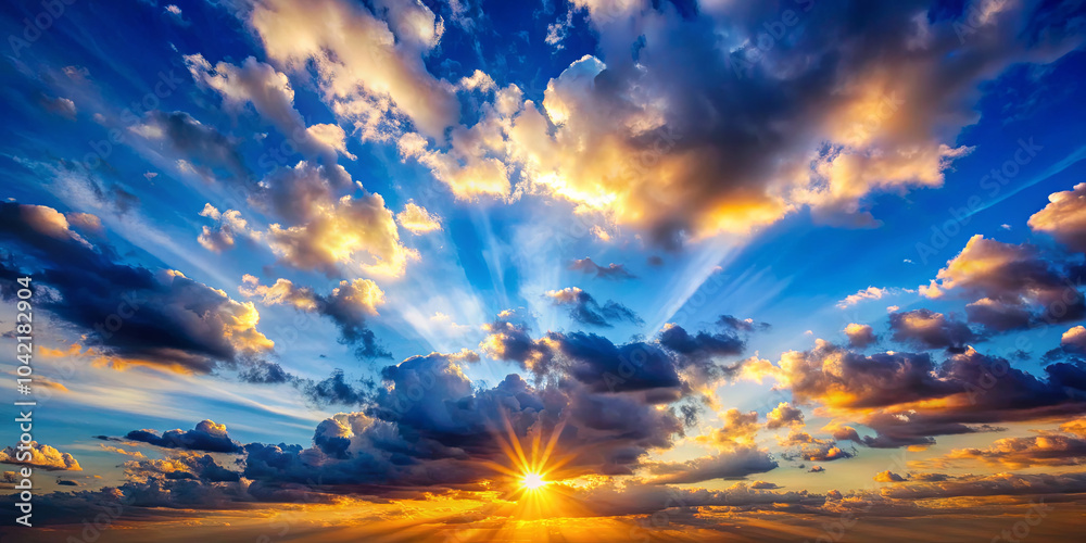 Fototapeta premium The sun rises dramatically, illuminating the sky with deep oranges and yellows while fluffy clouds scatter across the expanse, creating a breathtaking view at dawn