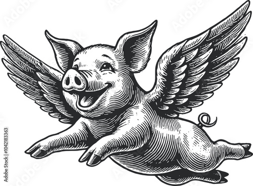 funny pig with wings happily flies style engraving hand drawn vector