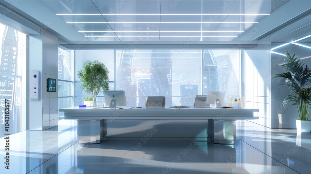 Modern Office Interior with City Skyline View Modern Office Interior with City Skyline View