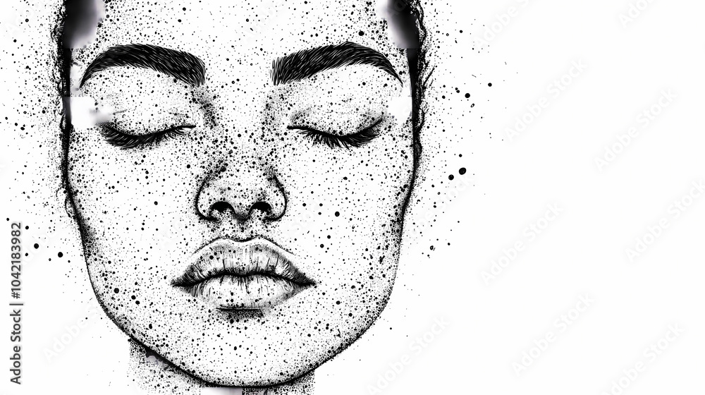 Portrait of woman with eyes closed, the drawing is made with black pen in style of pointillist dot work on white background. Pointillist Portrait. Illustration Portrait of woman with eyes closed, the drawing is made with black pen in style of pointillist dot work on white background. Pointillist Portrait. Illustration