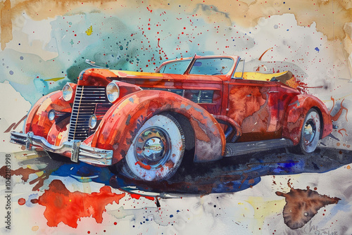 A stunning vintage convertible car is portrayed in a colorful watercolor style, emphasizing its elegant features and classic design with splashes of vivid colors photo