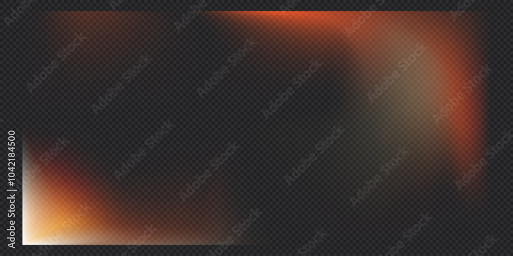 Realistic light leak overlay vector transparent background, texture with orange iridescent shapes, old film flare effect