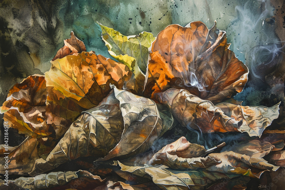 A colorful arrangement of dried autumn leaves lies scattered on the forest floor, enveloped by a soft mist that enhances the tranquil atmosphere of the late afternoon A colorful arrangement of dried autumn leaves lies scattered on the forest floor, enveloped by a soft mist that enhances the tranquil atmosphere of the late afternoon