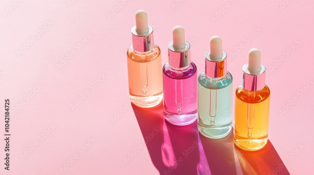 Top view of open serum dropper bottles with colorful liquids on a pink background, casting soft shadows in bright light Top view of open serum dropper bottles with colorful liquids on a pink background, casting soft shadows in bright light