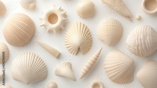 A collection of various seashells elegantly arranged on a light background, showcasing diverse shapes and textures, evoking a serene, coastal atmosphere.