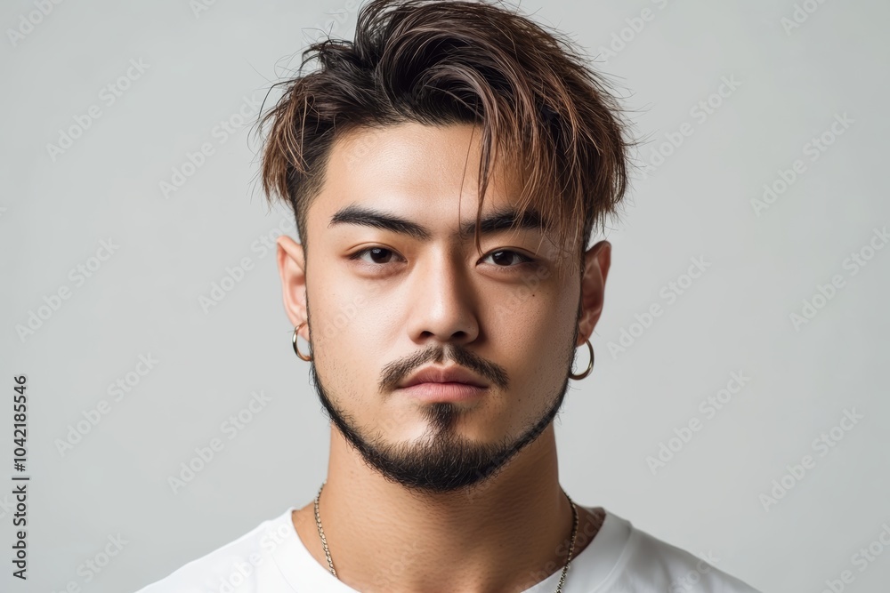 Fototapeta premium 男性の顔写真、ヘアスタイルとファッションを強調したシンプルな背景で撮影されたポートレート