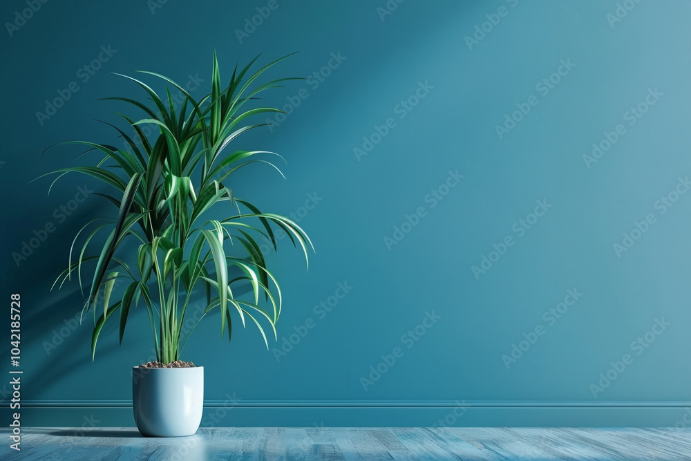 A vibrant indoor plant stands in its pot against a soft blue wall, basking in natural light that filters through the room, enhancing a serene ambiance
