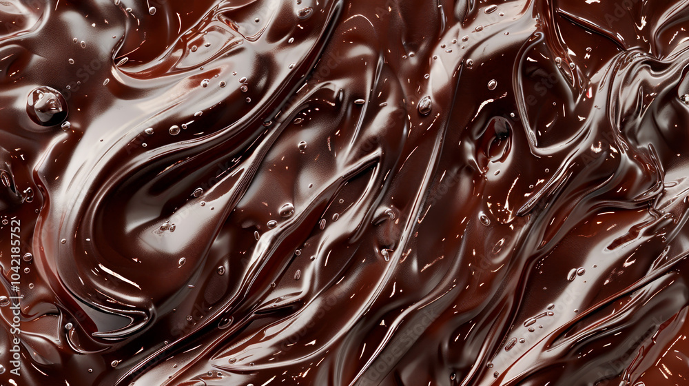 A luxurious chocolate liquid elegantly swirls and flows, displaying a glossy sheen. This decadent visual highlights the richness and allure of fine chocolate preparations A luxurious chocolate liquid elegantly swirls and flows, displaying a glossy sheen. This decadent visual highlights the richness and allure of fine chocolate preparations