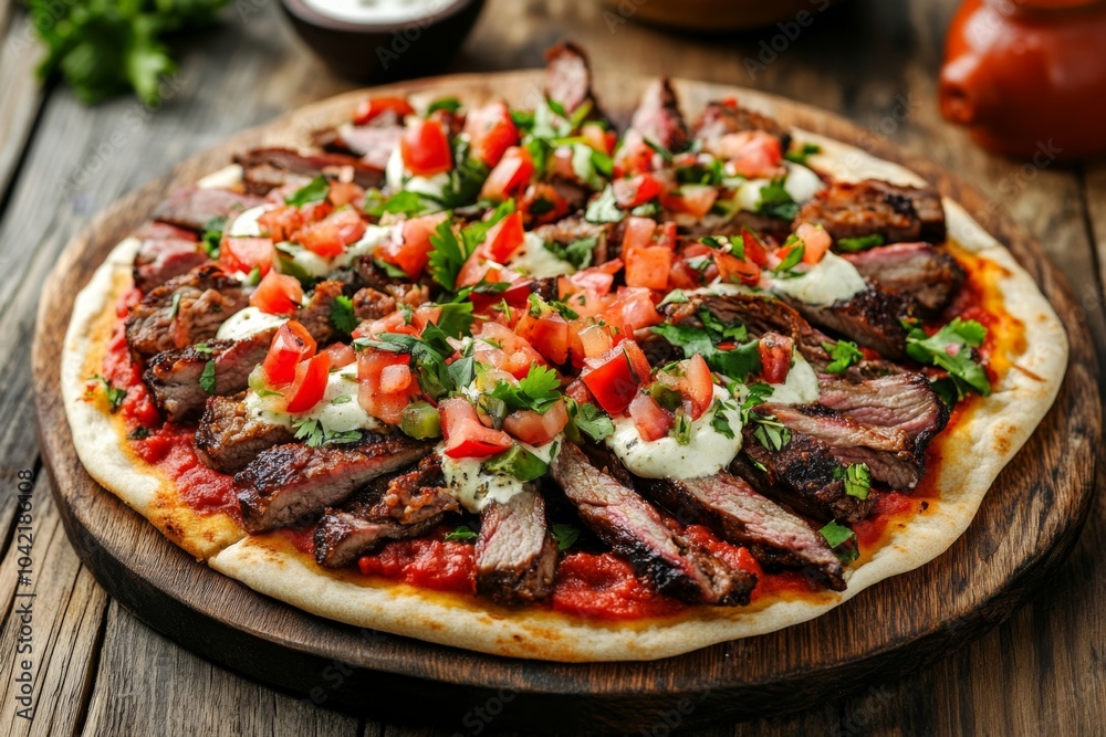 Mouthwatering Steak Pizza with Fresh Vegetables and Herb Sauce on Rustic Wooden Table in Natural Light Mouthwatering Steak Pizza with Fresh Vegetables and Herb Sauce on Rustic Wooden Table in Natural Light
