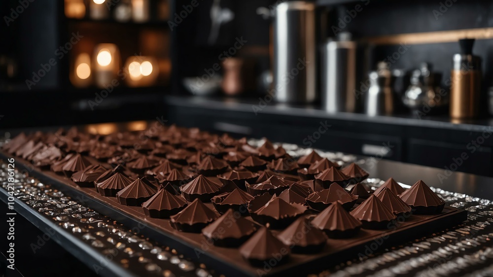 Aesthetic preparation of chocolate in diamond shape on a black themed kitchen. bokeh style. Aesthetic preparation of chocolate in diamond shape on a black themed kitchen. bokeh style.