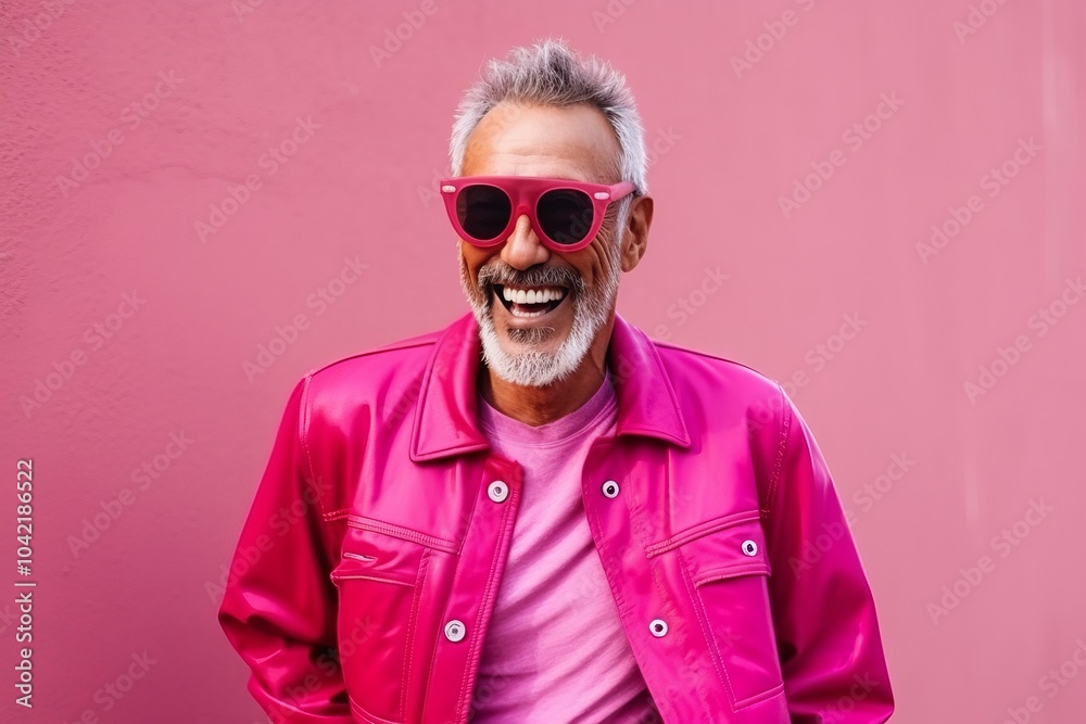 Portrait of happy senior man in pink jacket and sunglasses against pink background Portrait of happy senior man in pink jacket and sunglasses against pink background