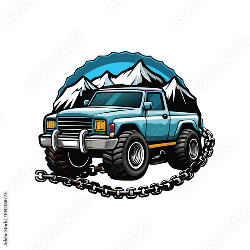 A vector design of a blue pickup truck with a chain wrapped around it, set against a backdrop of snow-capped mountains.