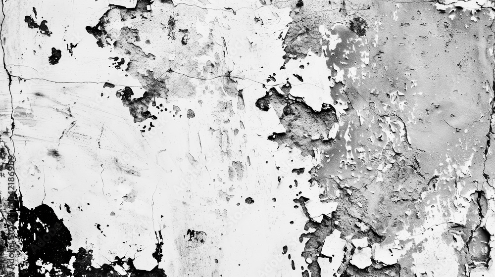The surface displays an aged wall with peeling paint, featuring an intricate mix of white and black shades, exposing rough texture and an artistic chaos of decay The surface displays an aged wall with peeling paint, featuring an intricate mix of white and black shades, exposing rough texture and an artistic chaos of decay