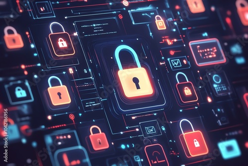 A user profile surrounded by padlocks, privacy settings, and encrypted code, representing how personal identity is protected online