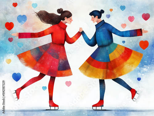 a couple, pair of two women colorful dressed in winter clothing, holding hands, ice-skating surrounded by flying hearts  photo