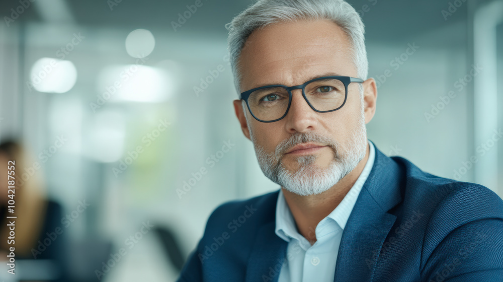 A confident, mature person with glasses and gray hair, dressed in a blue suit, poses in a modern, professional office environment. A confident, mature person with glasses and gray hair, dressed in a blue suit, poses in a modern, professional office environment.