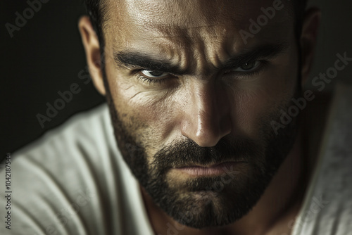 Close-up portrait of a serious bearded man with intense focus, AI generated