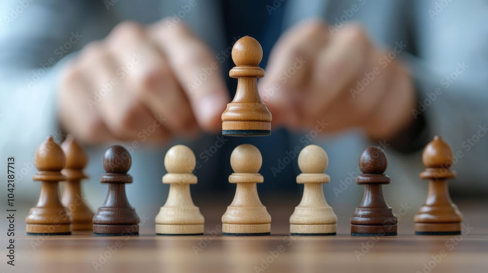 A person arranges chess pawns on a table, highlighting a central pawn. The scene symbolizes strategy and focus in decision-making or planning.
