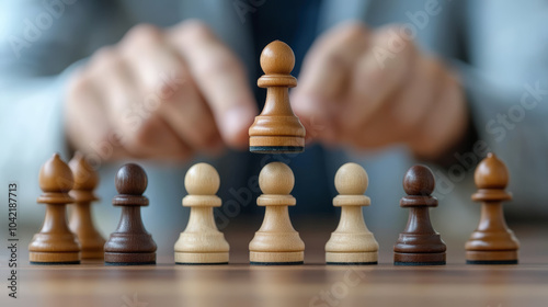 A person arranges chess pawns on a table, highlighting a central pawn. The scene symbolizes strategy and focus in decision-making or planning. photo