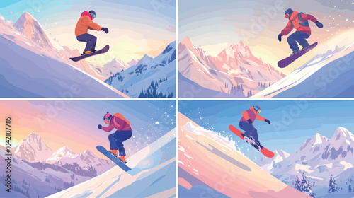 Snowboarder extreme glide cartoon vector concepts. Man making stunt ski trick jump backflip character snow mountains slope, winter sports illustration posters