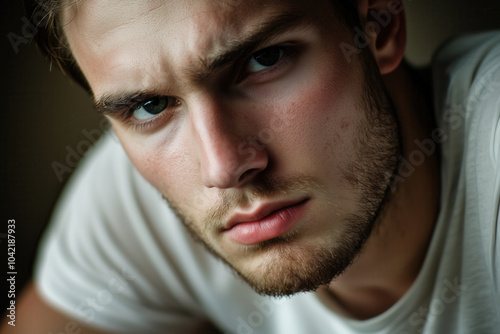 Intense close-up portrait of a young man with a thoughtful expression, AI generated