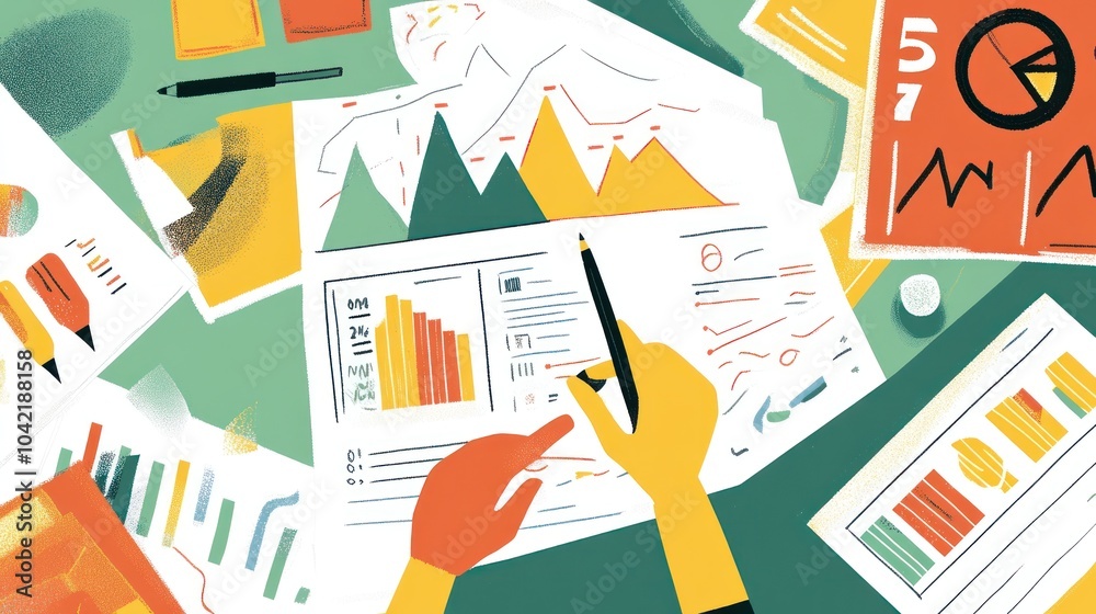 A hand points at a bar graph on a white sheet of paper with colorful charts and graphs on a green desk. A hand points at a bar graph on a white sheet of paper with colorful charts and graphs on a green desk.