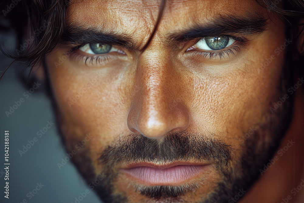 Obraz premium Intense close-up of a rugged man with piercing blue eyes and a focused expression, AI generated