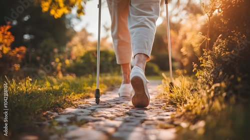 Person walking with crutches in the garden