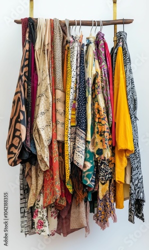 Colorful patterned fabrics hanging on a rack.