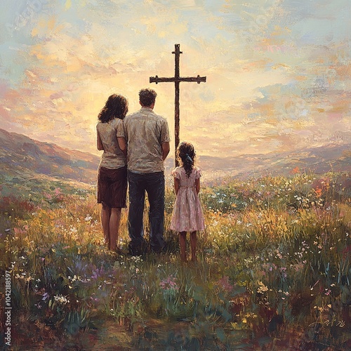 A family gathered in prayer before a cross, creating a heartfelt moment of faith and unity, symbolizing devotion and spiritual connection