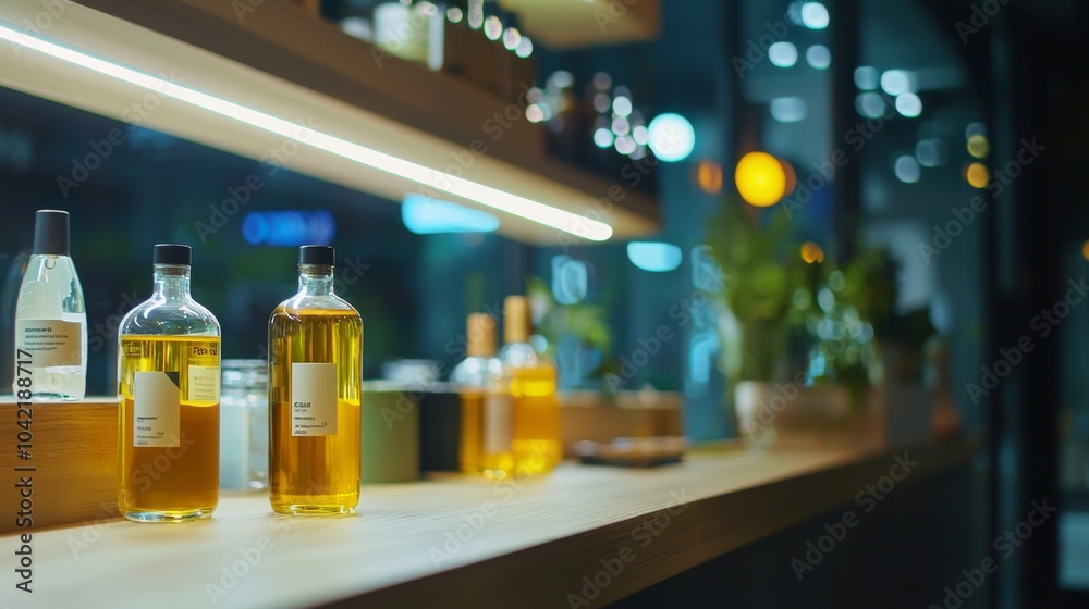 Bottles of oils and perfumes on a wooden shelf Bottles of oils and perfumes on a wooden shelf
