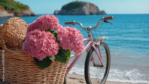 Bicycle with pink hydrangea flowers in basket on beach by sea. Summer vacation background. 