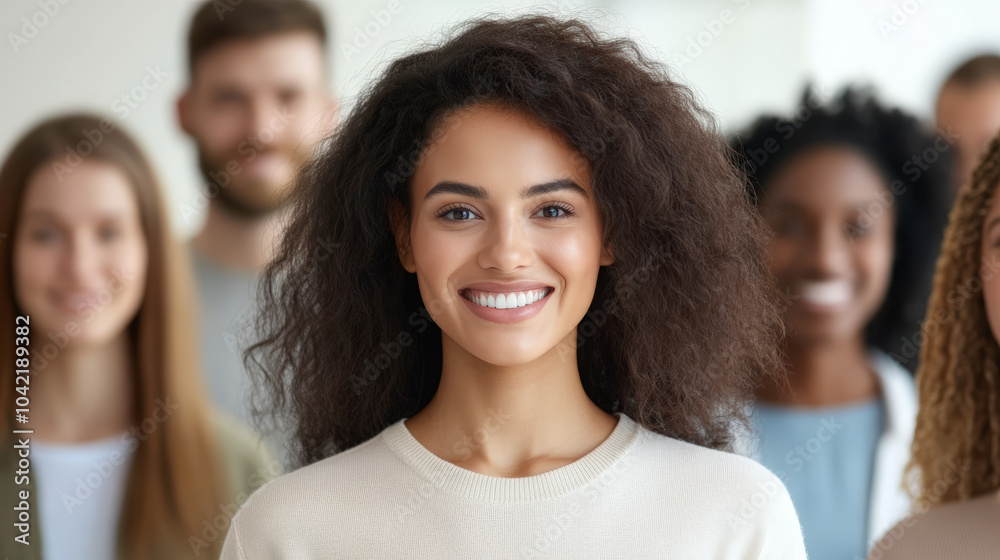 A diverse group of smiling individuals stand together, with a woman in focus, conveying unity and positivity in a bright setting. A diverse group of smiling individuals stand together, with a woman in focus, conveying unity and positivity in a bright setting.