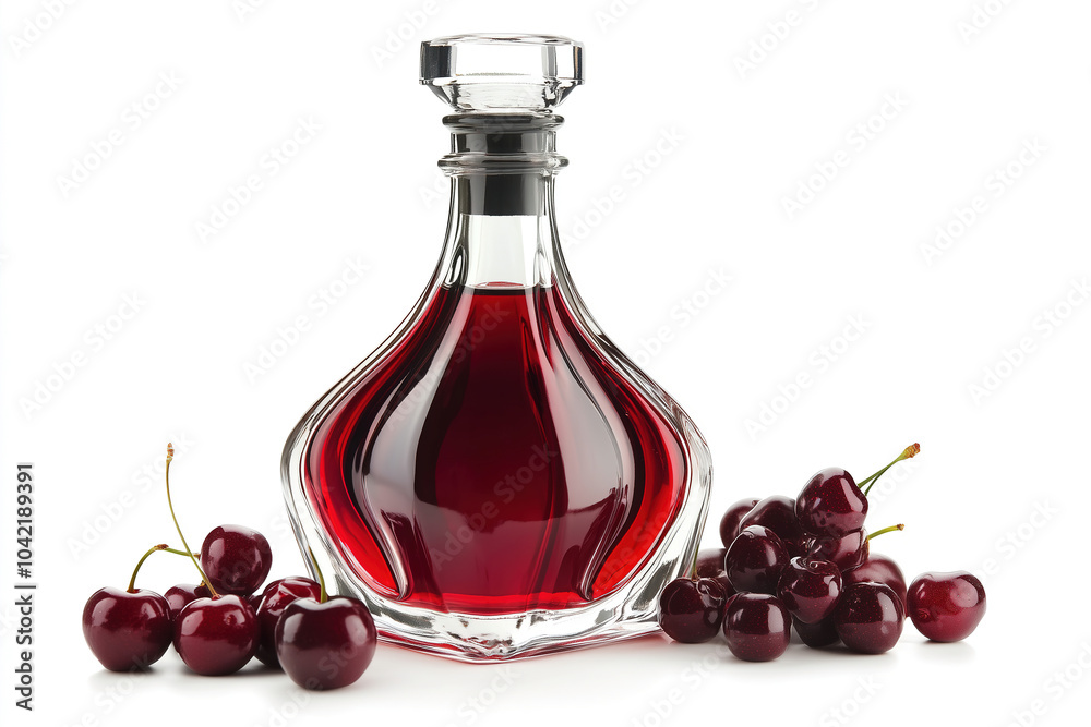 A decorative glass bottle filled with cherry syrup surrounded by fresh cherries on a white background for culinary uses. Generative AI A decorative glass bottle filled with cherry syrup surrounded by fresh cherries on a white background for culinary uses. Generative AI