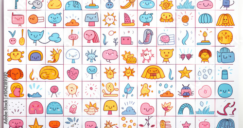 A colorful grid featuring various cute and whimsical icons isolated on white background, showcasing playful designs in a fun and engaging layout.