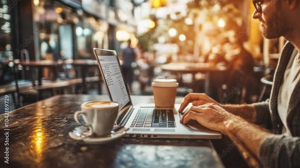 A man works on his laptop in a cafe. A man works on his laptop in a cafe.