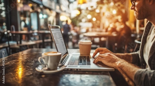 A man works on his laptop in a cafe.