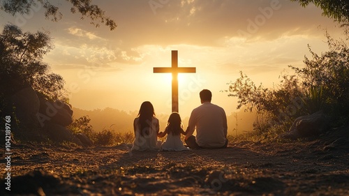 Wallpaper Mural A family gathered in prayer before a cross, creating a heartfelt moment of faith and unity, symbolizing devotion and spiritual connection Torontodigital.ca